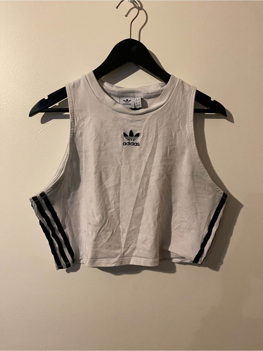 Adidas Originals White Trefoil 3 Stripe Thrashed Cropped Tank Top L